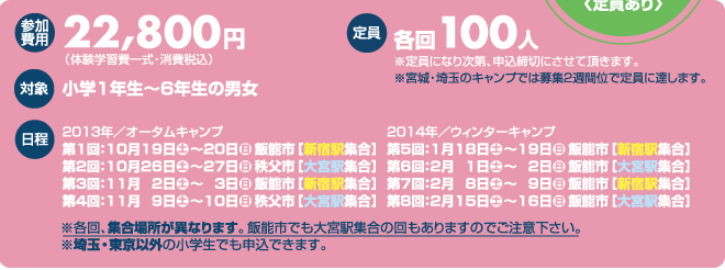 【参加費用】22,800円（体験学習費一式・消費税込）【定員】各回100人【対象】小学1年生〜６年生の男女※宮城県外の小学生も参加できます【日程】＜2013年／オータムキャンプ＞第1回：10月19日(土)〜20日(日)【飯能市】、第2回：10月26日(土)〜27日(日)【秩父市】、第3回：11月2日(土)〜3日(日)【飯能市】、第4回：11月9日(土)〜10日(日)【秩父市】　＜2014年／ウィンターキャンプ＞第5回：1月18日(土)〜19日(日)【飯能市】、第6回：2月1日(土)〜2日(日)【飯能市】、第7回：2月8日(土)〜9日(日)【飯能市】、第8回：2月15日(土)〜16日(日)【飯能市】、★仮設住宅、みなし仮設住宅入居者無料招待＜定員あり＞