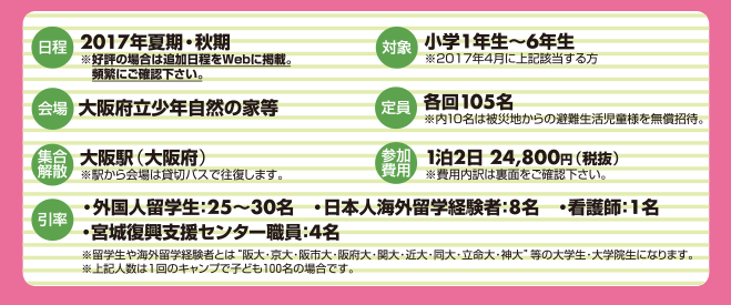 【参加費用】通常参加費1泊2日 24,800円（税抜）　【対象】小学1年生〜6年生※2017年4月に上記該当する方　【日程】2017年夏期・秋期　【集合解散】大阪駅（大阪府）　【会場】大阪府立少年自然の家等