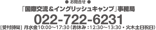 【お申込・お問合せ】「国際交流＆イングリッシュキャンプ」事務局（宮城復興支援センター内）022-722-6231［受付時間］平日10:00〜17:30（平日12:30〜13:30・土日祝日休み）